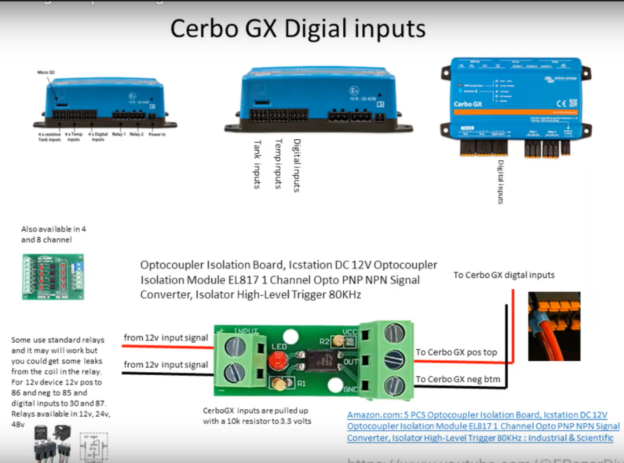 Pseudo schemat obrazujący jak wykrywać uruchomienie silnika w cerboGX przez napięcie 12v z optoizolatorem.
