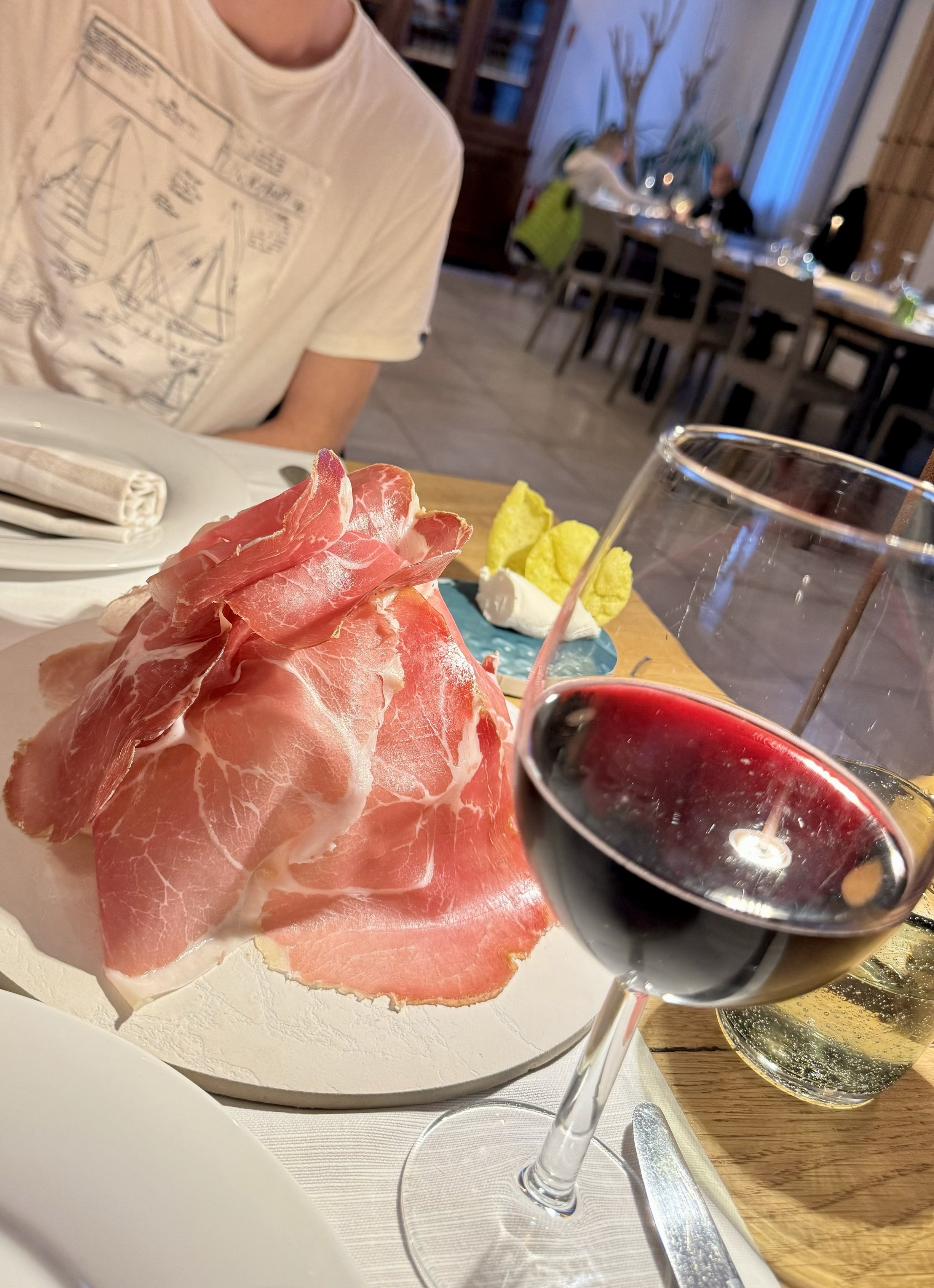 Talerz pokrojonej w plastry szynki, kieliszek czerwonego wina i częściowy widok osoby siedzącej po drugiej stronie stołu w restauracji.